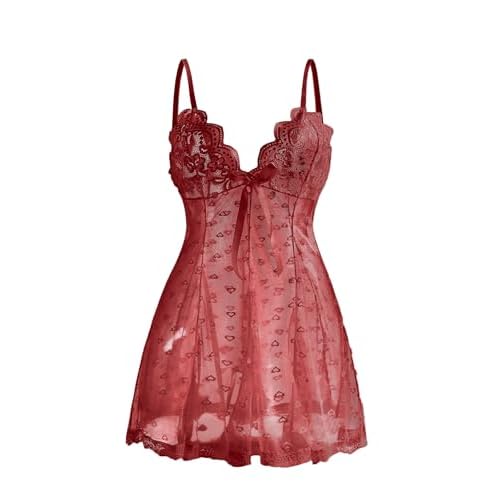 Women's Sheer Lace Babydoll Nightgown, Heart Print, Black, Floral Trim,S-5XL XX-Large Wine Red