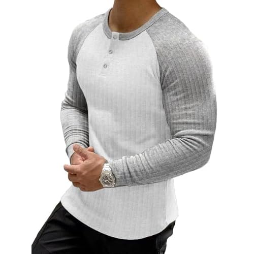 Muscle Cmdr Men's Ribbed Henley Shirt Short Sleeve Slim Fit Muscle Shirt Fitted Cotton Casual Long Sleeve Small White & Grey