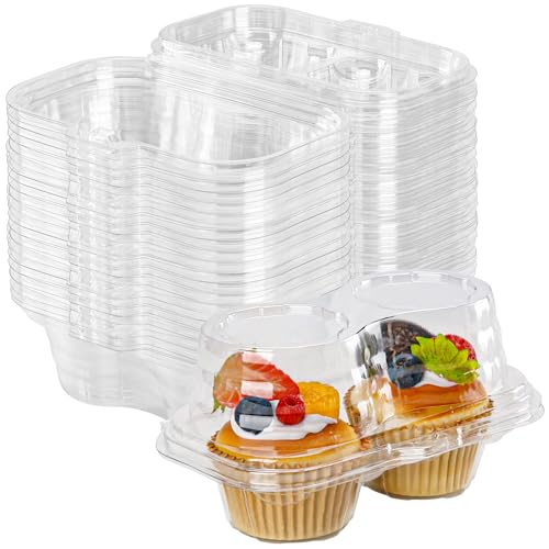 2 Count Cupcake Containers 50 Pack Cupcake Holders with Detachable Tall Dome Lids Clear Plastic Stackable Cupcake Boxes for 100 Cupcakes, BPA Free, St