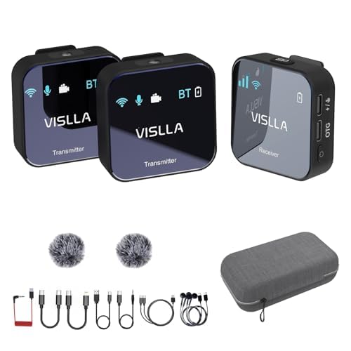 Vislla Wireless Lavalier Microphone System, DSP Active Noise Cancelling,24H Battery Life, 656ft Range,Professional Lapel Wireless Microphones for DSLR