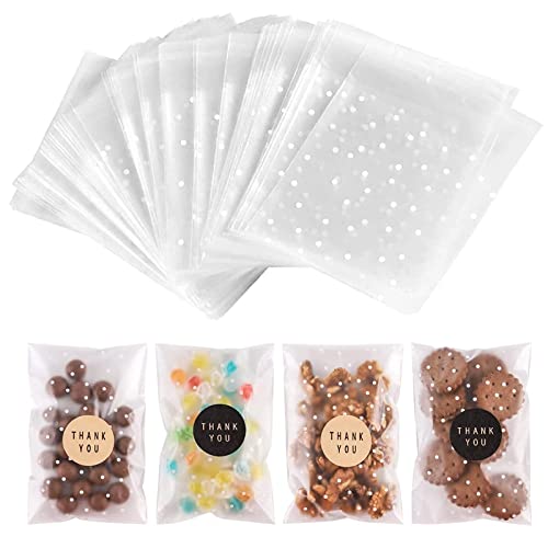 100PACK Self Adhesive Cookie Bags Cellophane Treat Bags Thank You for Gift Giving Candy with Stickers(White Polka Dot,4x6 INCH) White Polka Dot 4x6 In