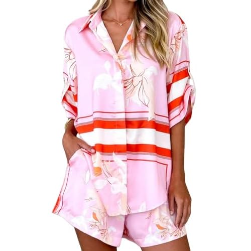 Womens Print Satin Pajama Set Casual Loose Short Sleeve Shirt and Wide Leg Shorts Lightweight Lounge Sleepwear Red Large