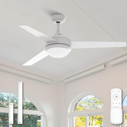 52 Inch White Ceiling Fan with Light, Low Profile Morden Style & Remote Control, 3 Straight Blades, 2 Downrods,6-Speed, Timer, 3 CCT, for Bedroom Livi