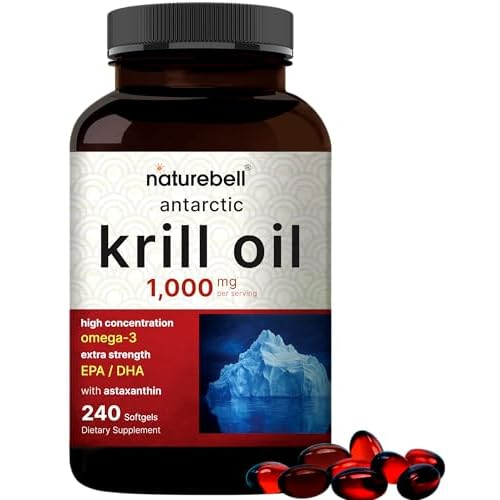 NatureBell Antarctic Krill Oil 1000mg Supplement, 240 Softgels, Natural Source of Omega-3s, EPA, DHA and Astaxanthin - No Aftertaste - Support Heart H