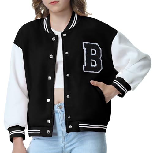 EXARUS Girls Varsity Jacket Kids Tweed Letterman Jackets Baseball Outerwear Stripe Trim Contrast Sleeve School Coats 10 Years A-black