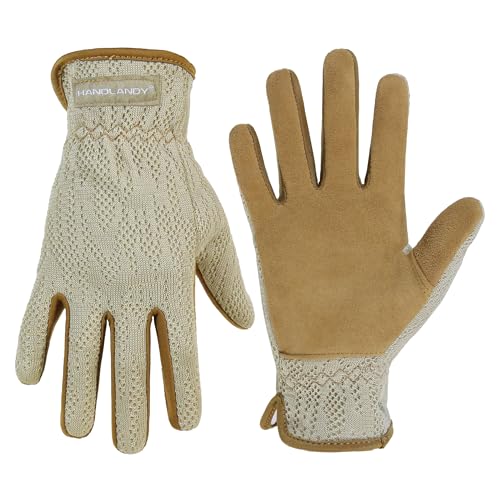 HANDLANDY Gardening Gloves for Women, Breathable Ladies Leather Garden Yard Gloves Best Gift for Gardeners Small (Pack of 1) Coffee-khaki