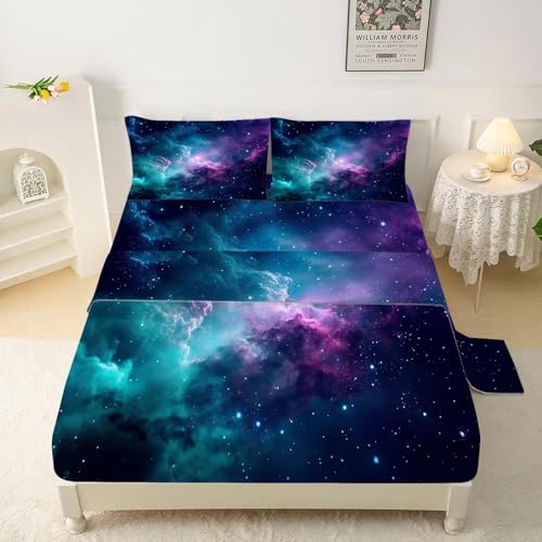 Blue Galaxy Sheet Set Twin: Space Bedding Set for Kids Teens Girls Boys Cloud Starry Sky Bedroom Bed - 1 Flat Sheet, 1 Fitted Sheet, 1 Pillowcase Gala