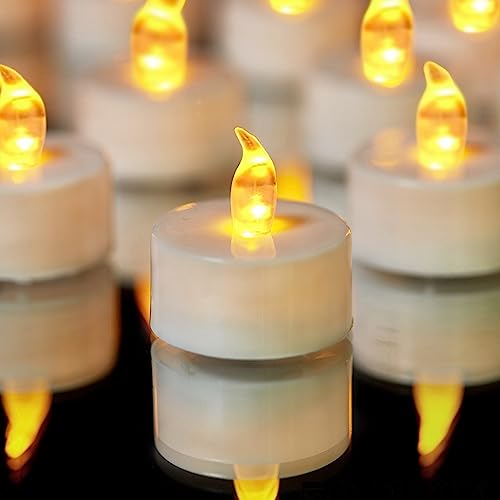 YIWER Tea Lights LED Tea Light Candles 200 Hours Pack of 100 Realistic Flickering Bulb Battery Operated Tea Lights for Seasonal Festival Celebration E