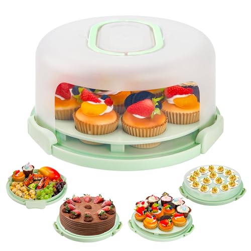 Green Cake Containers with Lids Round Plastic Cupcake Holders 4-in-1 Multipurpose Cake Carrier Holder for 11 Inch Cake Pies Cupcake Eggs Fruit or Snac