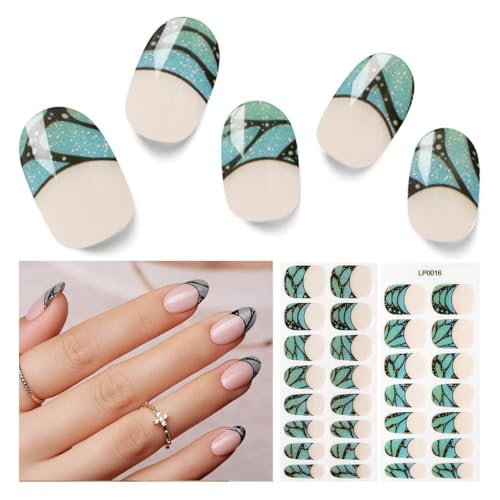 Semi Cured Gel Nail Strips, 30pcs Gel Nail Wraps, Easy to Apply, 2 Weeks Long Lasting (Cyan Butterfly Magic)