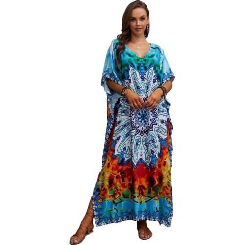 Swimsuit Cover Up Caftan Women's Vneck Flower Leopard Print Batwing Sleeve Side Split Kaftan Dresses B6