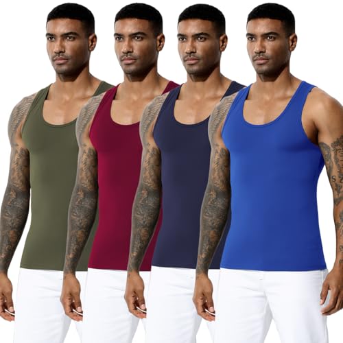 Arjen Kroos Men's Workout Tank Top 4 Pack Muscle Sleeveless Gym Shirts Activewear Slimming Vest Undershirts Blue-Red-Green-Light Blue Medium