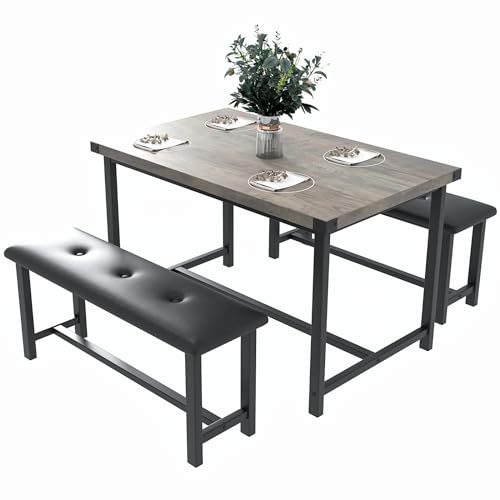 Garvee Kitchen 2 Upholstered Benches Dining Table Set for 4, Retro Grey