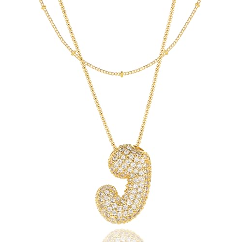Bubble Letter Necklace Gold for Women，Layered Plated Initial Pendant Puffy Zircon Name Personalized Necklaces Fashion Jewelry for Gifts Letter J