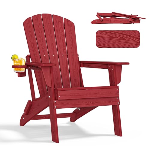 Folding Adirondack Chair with Cup Holder,HDPE All-Weather Patio Chairs,Plastic Outdoor Chairs- Looks Exactly Like Real Wood-Red Red 1PC