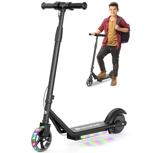 isinwheel S2 Electric Scooter for Kids Ages 6-12,150W Kids Electric Scooter with Adjustable Speed and Height, Colorful Lights, Double Brake Black