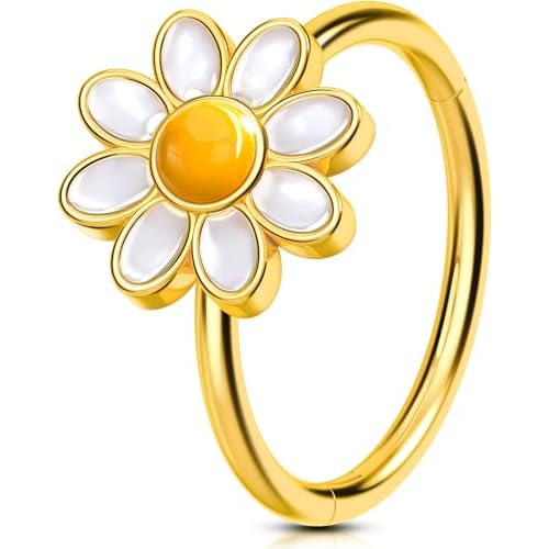 OUFER Nose Rings Hoops, 316L Surgical Steel Hinged Segment Nose Rings 20G, Silver Gold Nose Rings with Cute Daisy Design, Nose Nostril Piercing Jewelr