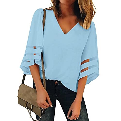 luvamia Women's Casual V Neck Blouse 3-4 Bell Sleeve Mesh Panel Shirts Loose Top Small B Air Blue