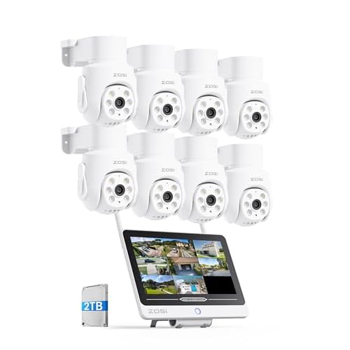 ZOSI 5MP Telecamera di Sorveglianza per Esterno, 8CH 2TB NVR con 12” Monitor, 8x Telecamera WiFi 6 Pan &Tilt, Audio a 2 Vie, Rilevamento Persone AI,