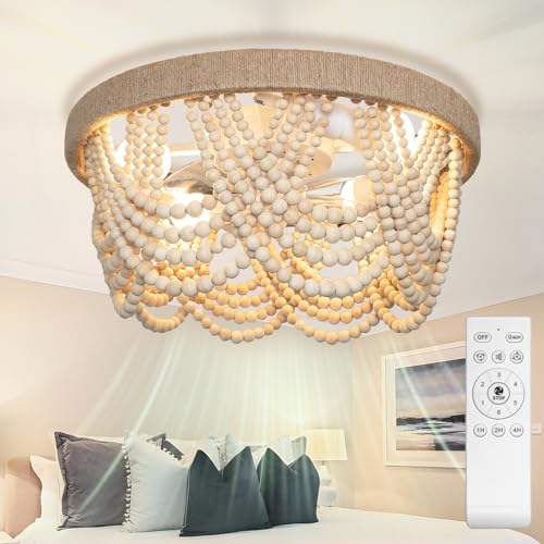 20" Boho Ceiling Fan with Light & Remote, Flush Mount Wood Beaded Fandelier Chandelier, 6-Speed-3 CCT-Bladeless-Quiet DC Motor-Low Profile, for Bedroo