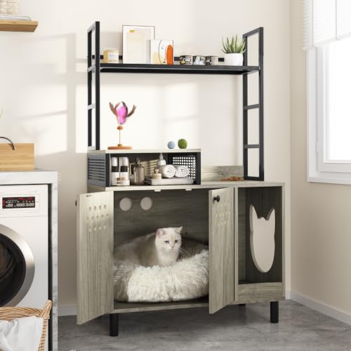YITAHOME Cat Litter Box Enclosure with Shelves Storage, 54" Hidden Litter Box Furniture with Cat Bowl and Cat Litter Mat, Grey Grey 54.7in