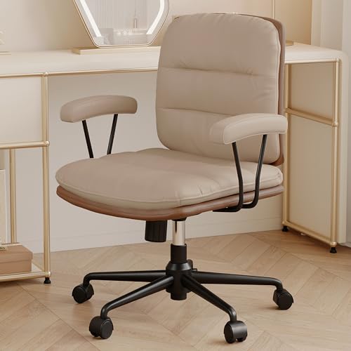 Khaki Leather Desk Chair with Arms, Medium Home Office Chairs with Lumbar Support (Khaki + Brown)
