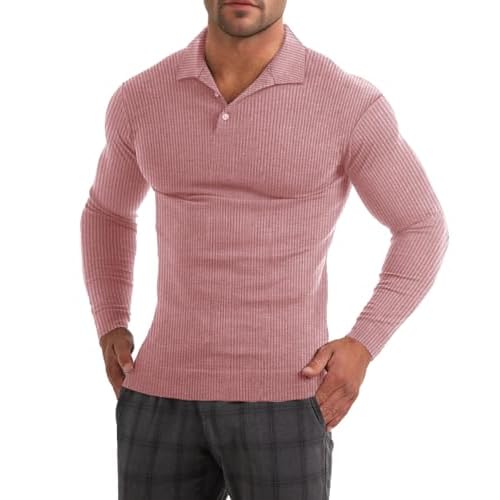 Muscle Cmdr Men's Slim Fit Muscle Polo Shirts Long&Short Sleeve Stretch Quick Dry Tee Casual Golf Athletic T-Shirts Small Pink-long