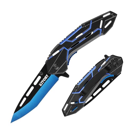 Cool Pocket Knife, Folding Knife, 8Cr15MoV Stainless Steels Blade, Aluminum Alloy Handle, Blue Devil Design, 2024 Outdoor Gadget Gift KP06