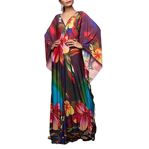 Bsubseach Women Ethnic Print Kaftan Beach Dress Plus Size Swimsuit Cover Up Colorful Floral