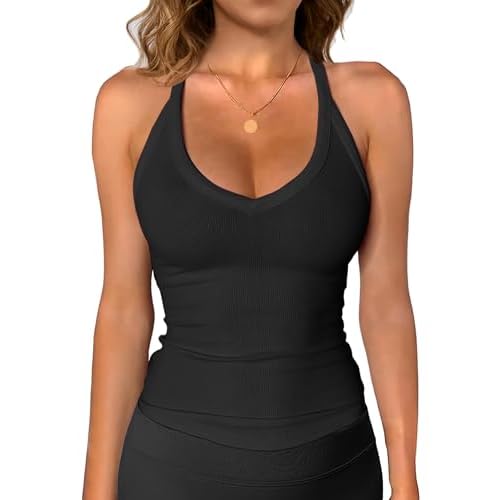 iGENJUN Womens Spaghetti Strap V-Neck Ribbed Tank Tops for Women 2025 Slim Fitted Soft Camisole Basic Layering Shirts Small Black