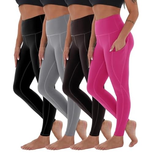 CAMPSNAIL 4 Pack Yoga Pants with Pockets for Women - High Waist Tummy Control Soft Leggings for Workout Gym 4 Pack-black-Light Grey-Coffee-Pink X-Larg