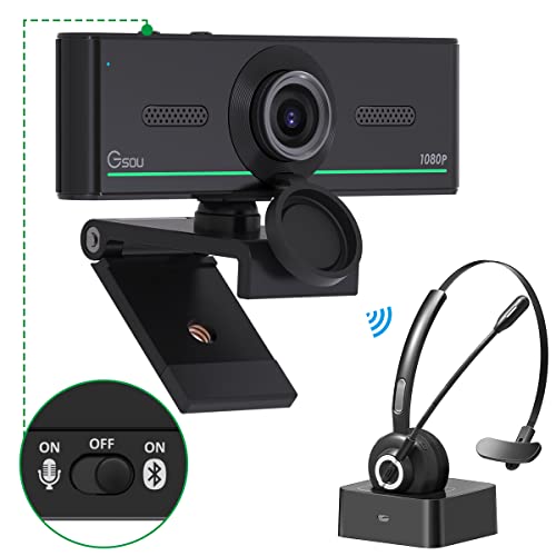 Gsou Webcam with Headset and Microphone, 1080P Webcam with Privacy Cover, Plug and Play Web Camera for Desktop Computer Zoom Meetings, Audio Bluetooth
