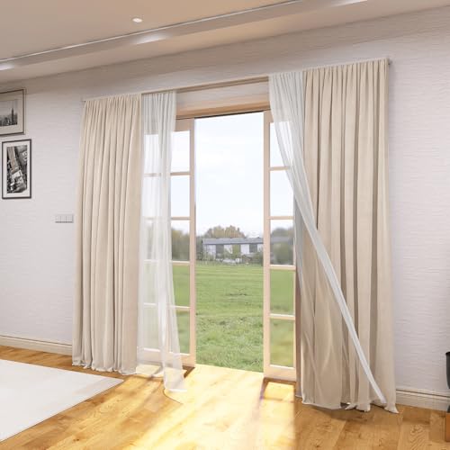 ZSHINE Curtain Conjoined Double Track Customize Length Heavy-Duty Curtain Rails with Tulle and Curtain (Milky White)