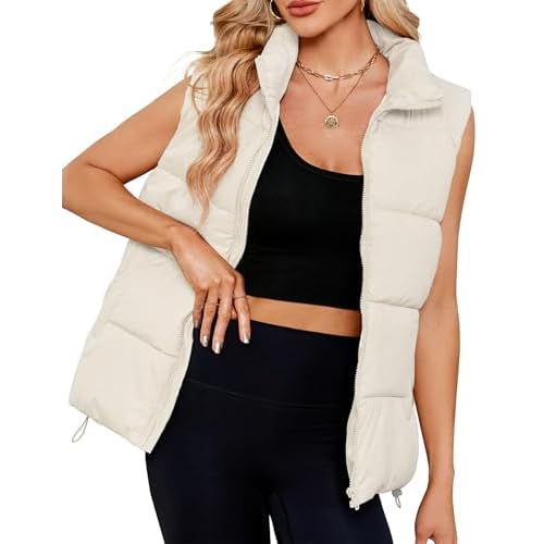 Women Quilted Puffer Vest Sleeveless Jacket Zip Up Stand collar Lightweight Outerwear with Pocket 2025 Trendy Plain Beige X-Large