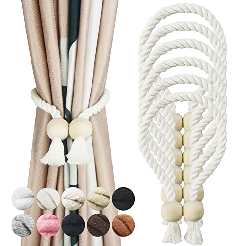 6 Pack Cream Magnetic Curtain Tiebacks Cotton Hand Woven Tieback Holdback Decorative Tie Backs for Drapes with Wooden Buckle No Tools Required Cream 6