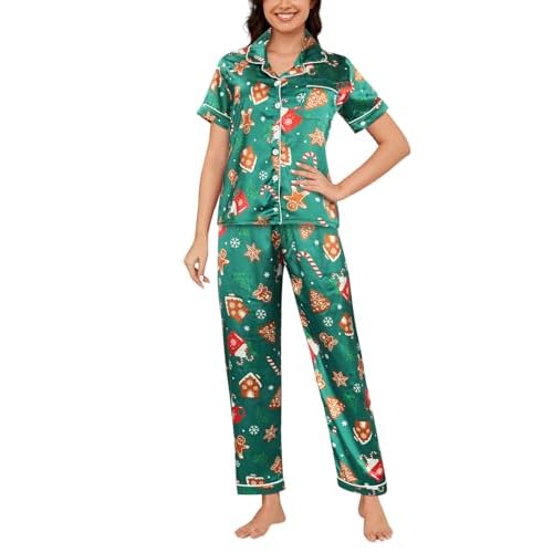 YIJIU Womens Silk Satin Pajamas Set Short Sleeve Sleepwear Soft Button Down Loungewear Two-piece Pjs Sets XS-XXL Long Small Xmas Green
