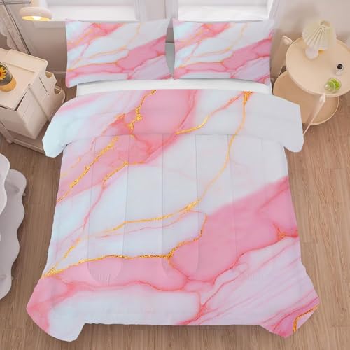 Marble Bedding Sets King Size Pale Pink Chic Gold Comforter Sets for Girls Teens Women Glitter Luxury Marbling Texture Quilt 1 Comforter + 2 Pillow Ca