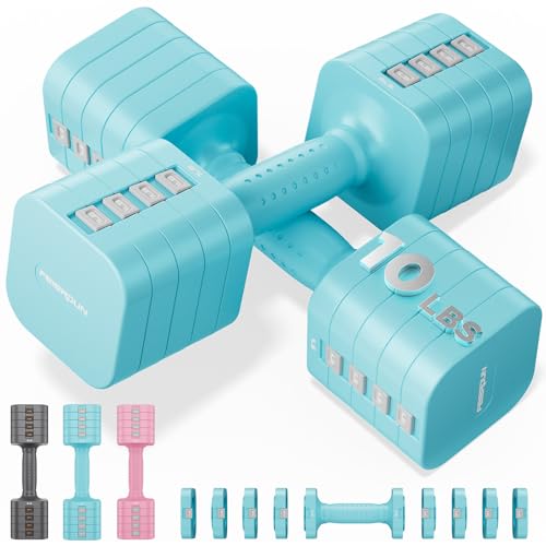 FEIERDUN 5-in-1 Adjustable Dumbbell Set of 2, 20LBS-10LBS Hand Weights for Women, 1s-Adjust Dual-Stable Dumbbell Set for Women Home Gym & Outdoor C-Mi