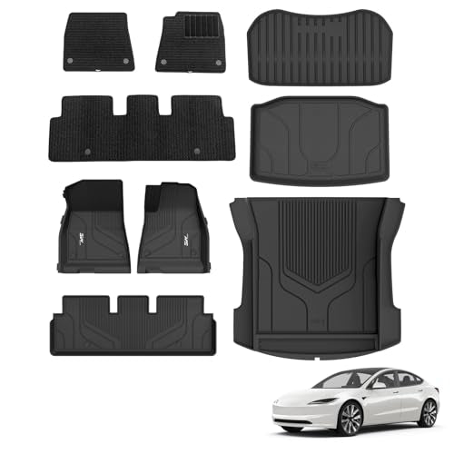 3W Floor Mats & Boot Liner & Carpets Fit for Tesla Model 3 2021 2022 2023, All Weather Dog Friendly TPE Mats, Waterproof Non Slip Car Liner Easy to In