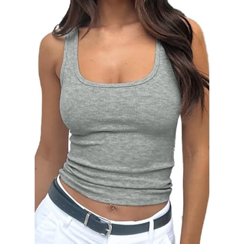 iGENJUN Summer Sleeveless Square Neck Ribbed Strappy Tank Tops Casual Slim Fitted Basic Cropped Tank Cami X-Large Light Grey