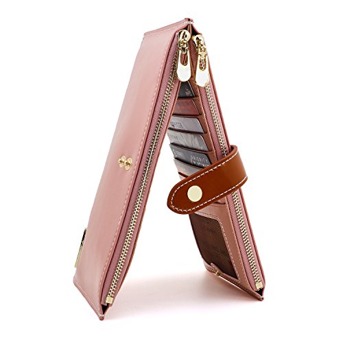 ANDOILT Women's Genuine Leather Wallet RFID Blocking Credit Card Holder Zipper Purse Cell Phone Handbag One Size Pink & Brown Closure