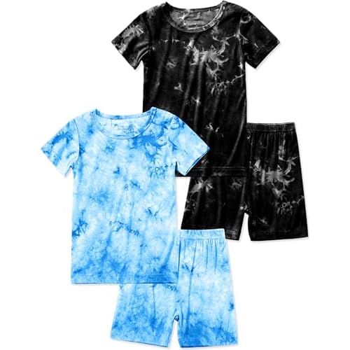 Jimonda Kids Soft Rayon From Bamboo Sleepwear Short Sleeve Boys Girls Pajama Outdoor 4-Piece tops&shorts Casual sets Tie PJ Black&sky Blue 18-24 Month