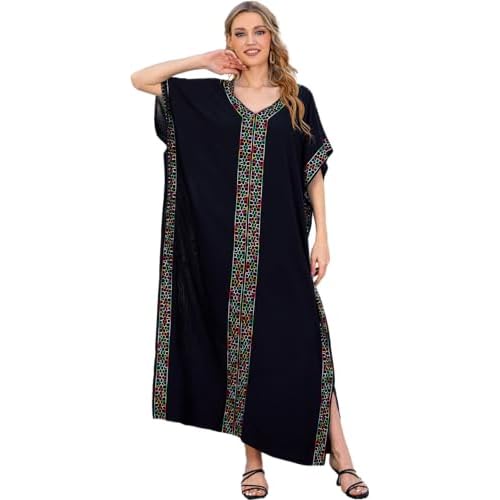 Women's Embroidery Swimsuit Cover Ups Beach Cover Up Caftan Plus Size Vneck Rainbow Ethnic Print Kaftan Batwing One Size 23166-0