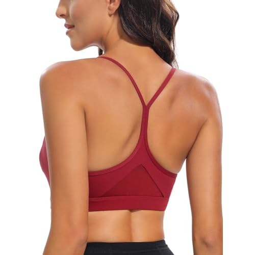 RUNNING GIRL Y-Back Sports Bras for Women, Medium Impact Wirefree Padded Bra Workout Crop Top Longline Sports Bra Push up Small Winedred