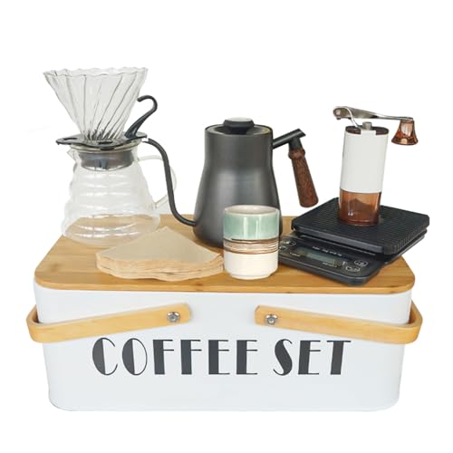 Pour Over Coffee Maker Set Coffee Kettle Scale Server Dripping Cup Bean Grinder Filter Paper Ceramic Cup ALL in 1 Great Portable Metal Box for Traveli