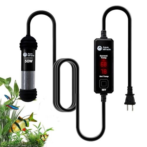 AquaMiracle 50W Small Aquarium Heater Fish Heater, Super Mini Fish Tank Heater Turtle Tank Heater for 5-10 Gal Tanks, with Dual LED Display, Dry-Run-O