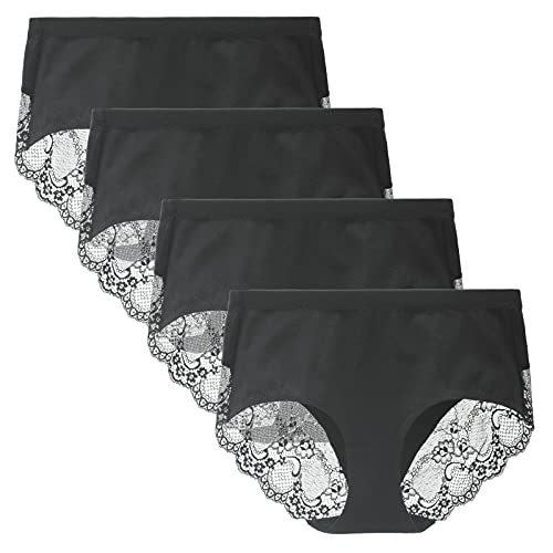 Women's 4 Pack Combed Cotton Breathable High Rise Lace Full Coverage Brief Panty Underwear Black Small
