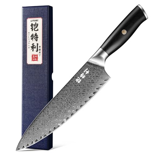 Damascus Chef`s Knife 8",10Cr15CoMoV HC Steel Cutting Core cladded with 72 Layers Damascus Steel, Pakkawood Handle, Premier Kitchen Gadget w-t Gift Bo