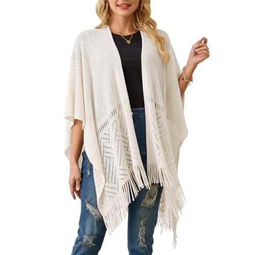 Ferand Women's Lightweight Crochet Shawl Wraps Open Front Knit Fringe Poncho for Spring Summer Beige