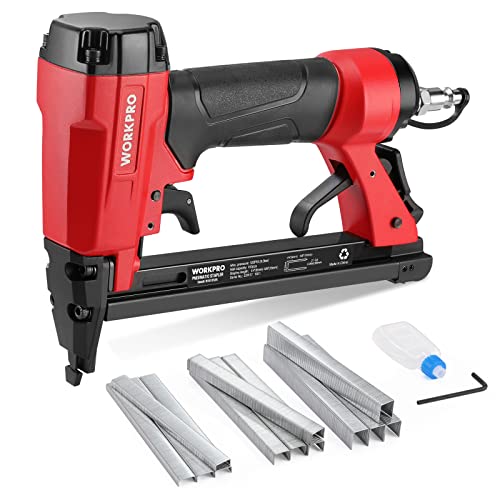 WORKPRO 8016 Pneumatic Staple Gun, 21 Gauge Upholstery Stapler with 1500pcs Staples 1-4" to 5-8", Air-Powered, Rear Exhaust, for Carpentry, Woodworkin